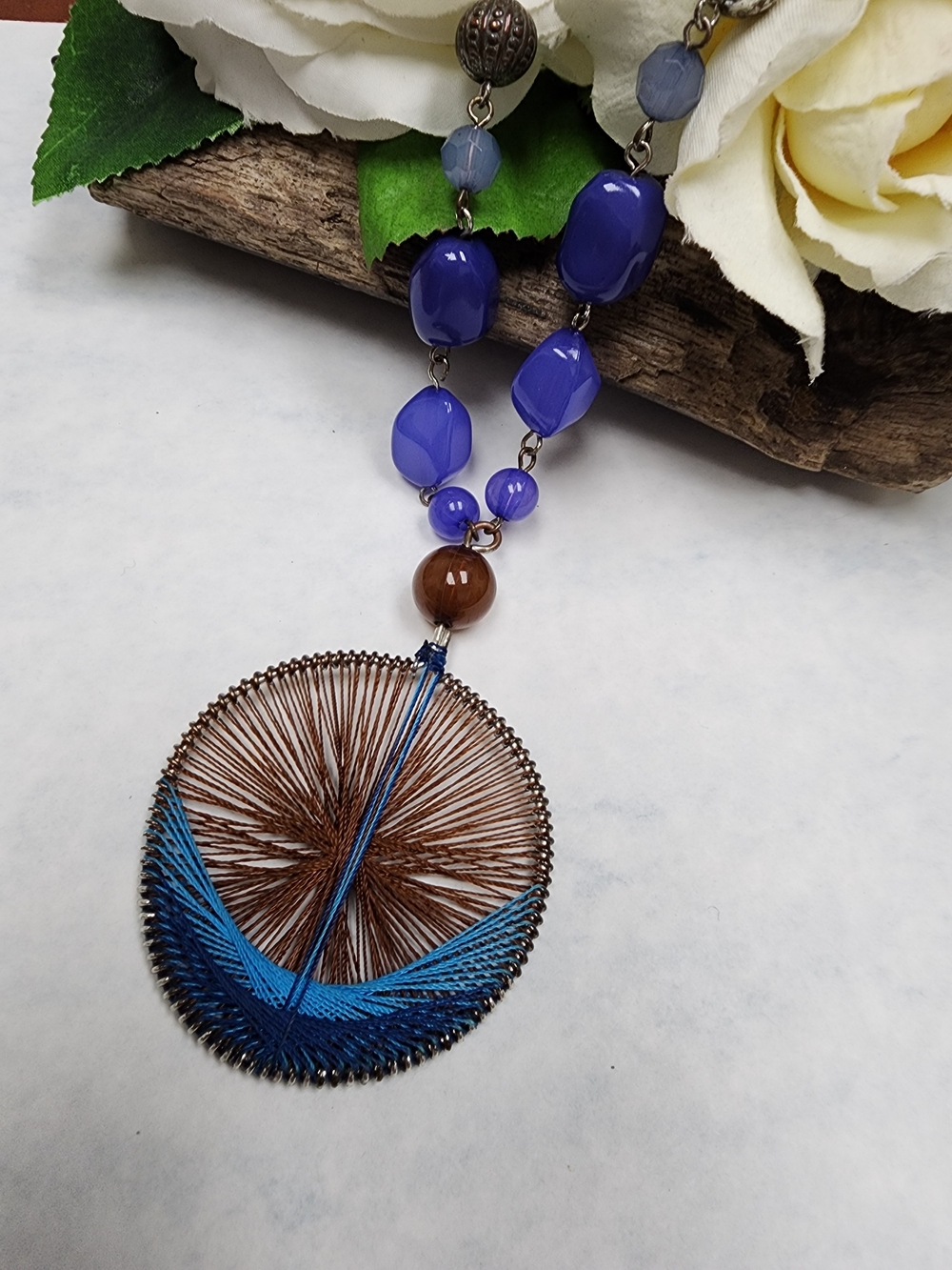 Vintage Blue & Brown String Art Pendant Necklace